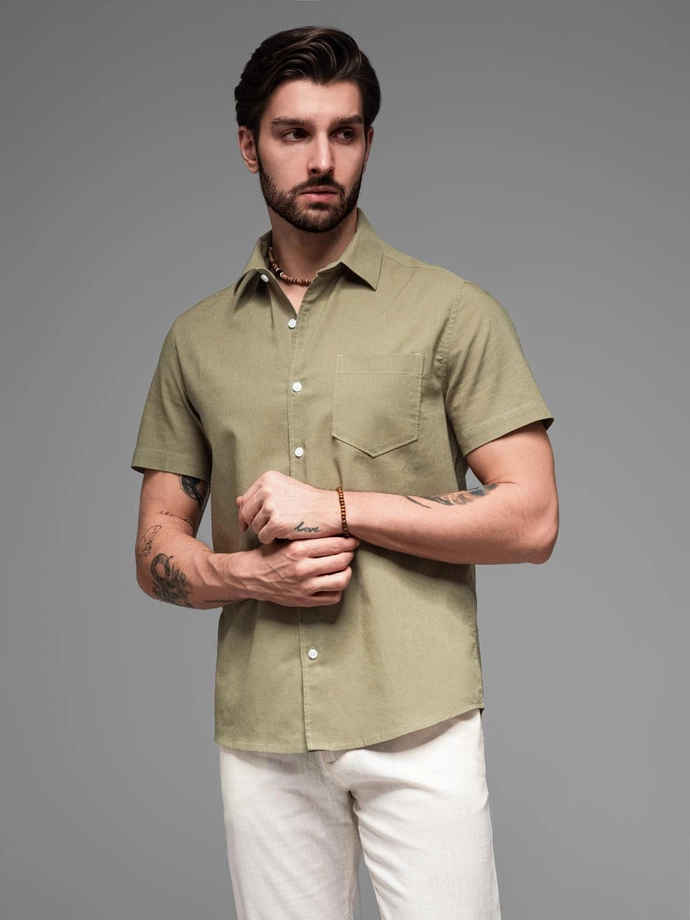 Men's short sleeve cotton and linen shirt with pocket - olive V6 OM-SHSS-0167