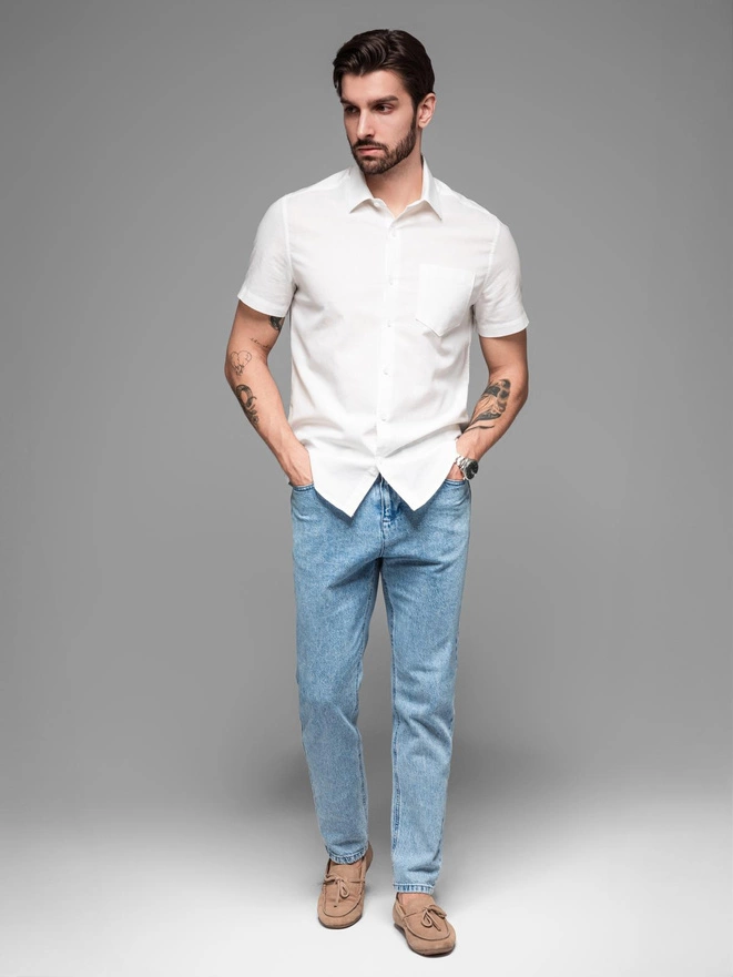 Men's short-sleeved linen-cotton shirt with pocket - broken white V1 OM-SHSS-0167