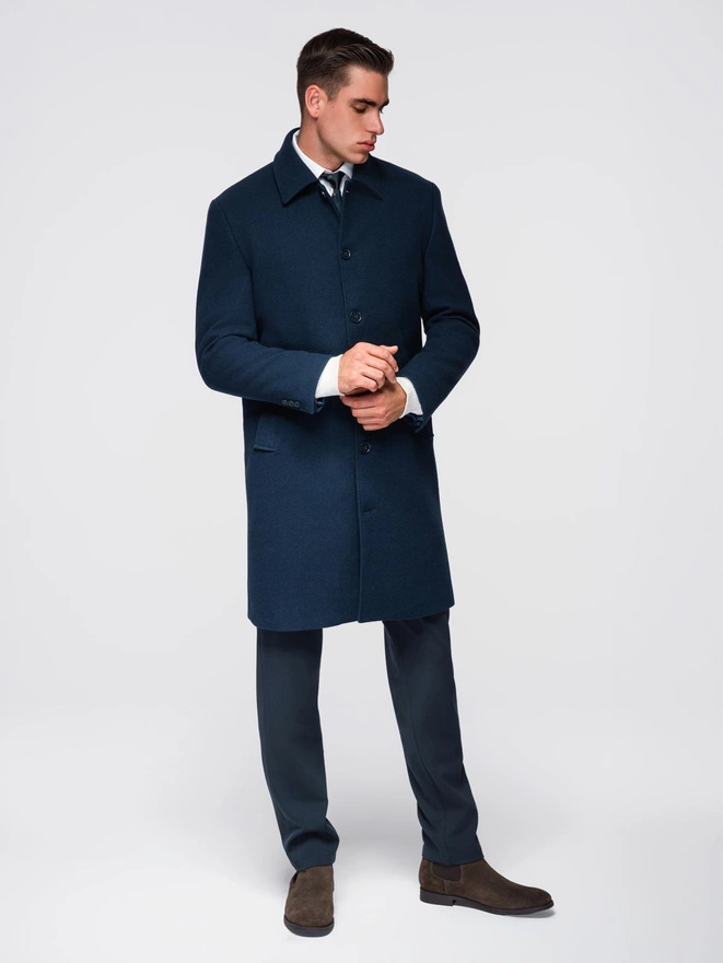 Long men's single-breasted coat with collar and undercoat - navy blue V3 OM-COWC-0135