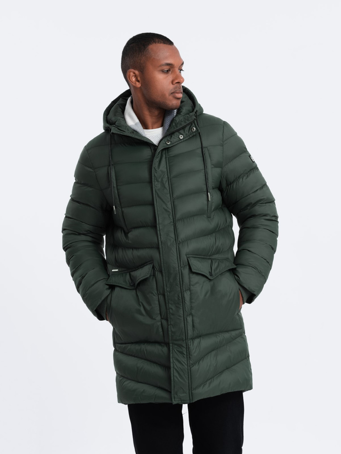 Men's winter quilted parka jacket - dark olive green V1 OM-JALJ-0100