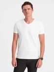 Tricou clasic din bumbac pentru bărbați BASIC cu guler în V - alb V4 OM-TSBS-0145