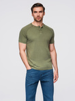 Men's t-shirt with wash effect and buttons at neckline - olive V4 OM-TSWT-0150