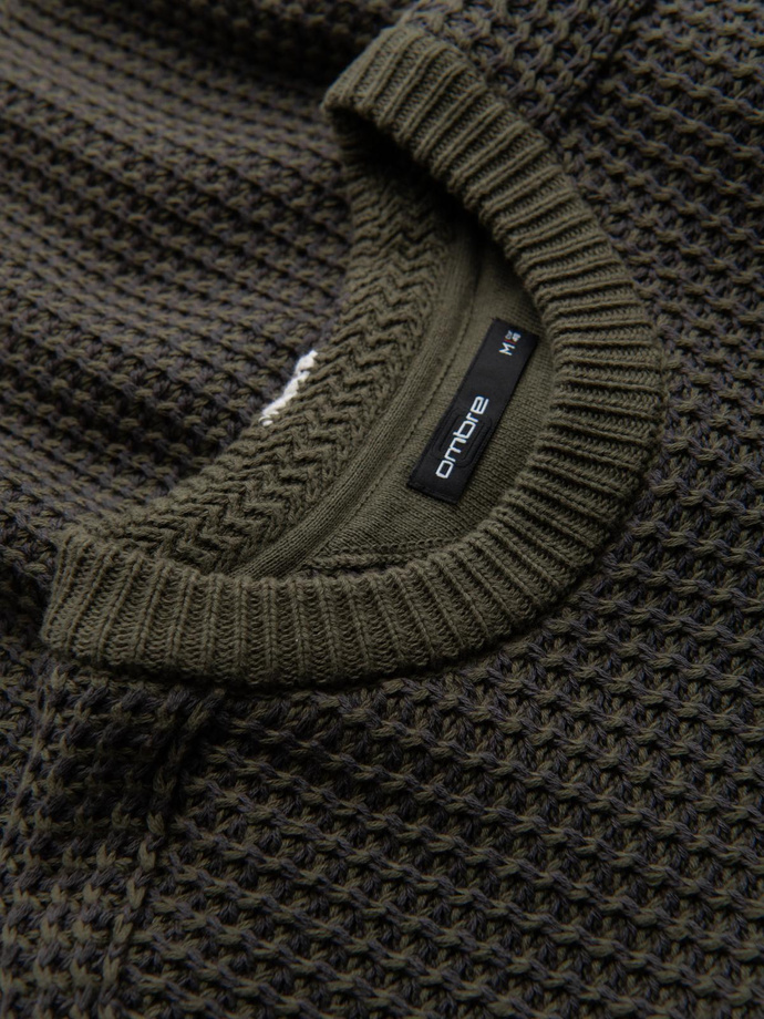 Men's contrast weave sweater with round neckline - dark olive V2 OM-SWSW-0122
