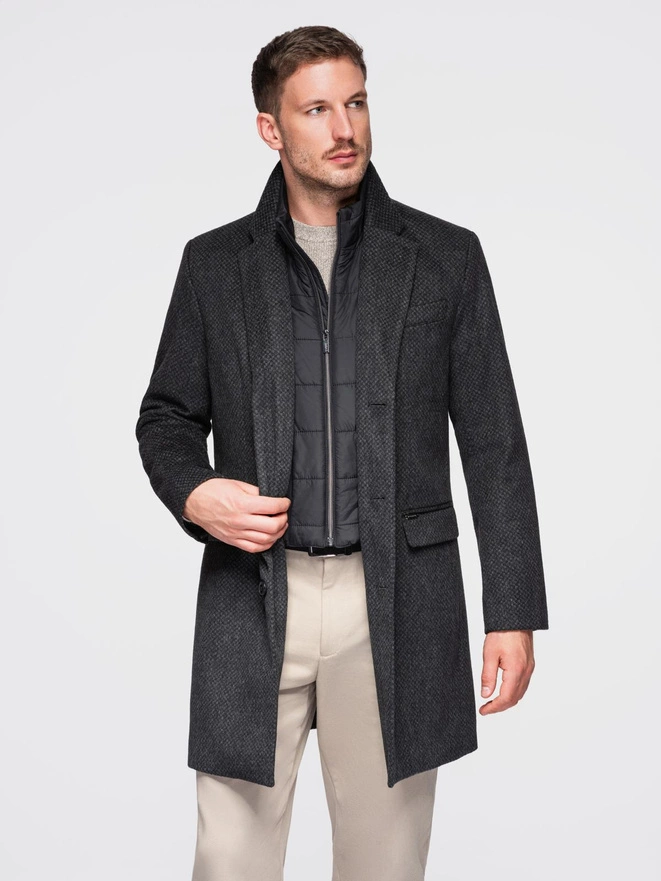 Unbuttoned men's wool blend coat - graphite V2 OM-COWC-0121
