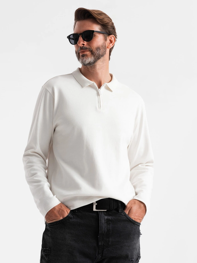 Men's polo longsleeve with zippered collar - white V1 OM-POLS-0130