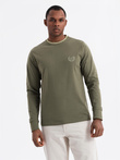 Men's cotton longsleeve with U neckline with stripes and embroidery - olive V1 OM-LSCL-0128