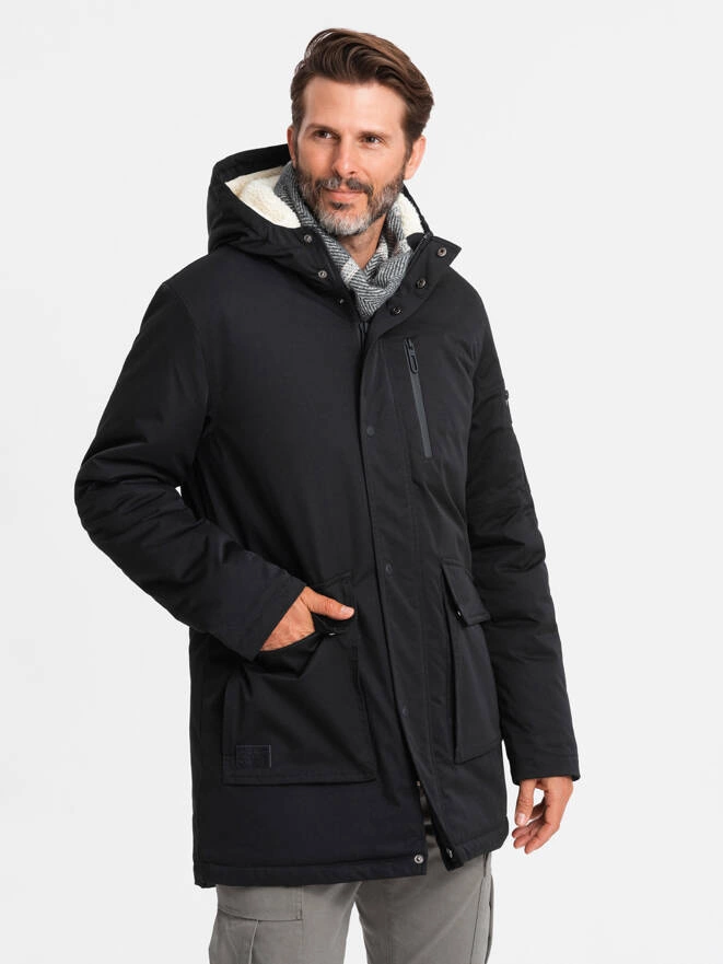 Męska długa kurtka parka sherpa – black V4 OM-JALJ-0181