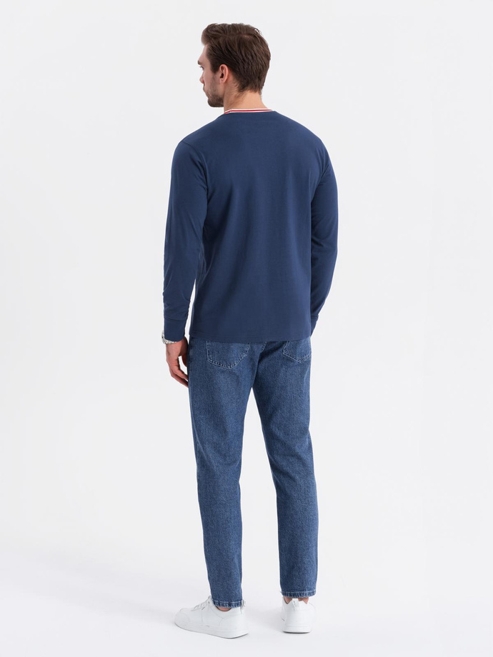 Men's cotton longsleeve with striped U neckline and embroidery - dark blue V3 OM-LSCL-0128