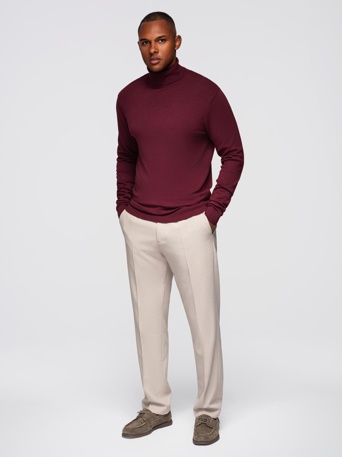Men's single color knitted turtleneck with viscose - maroon V4 OM-SWTN-0101
