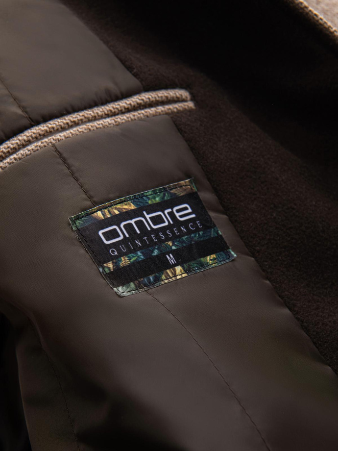 Vyriškas melanžinis ilgas paltas su gobtuvu - smėlio spalvos V2 OM-COWC-0122