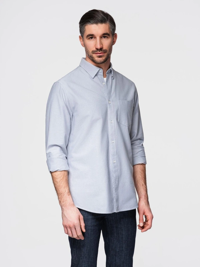 Cămașă oxford elegantă pentru bărbați cu broderie și buzunar - albastru V1 OM-SHOS-0173