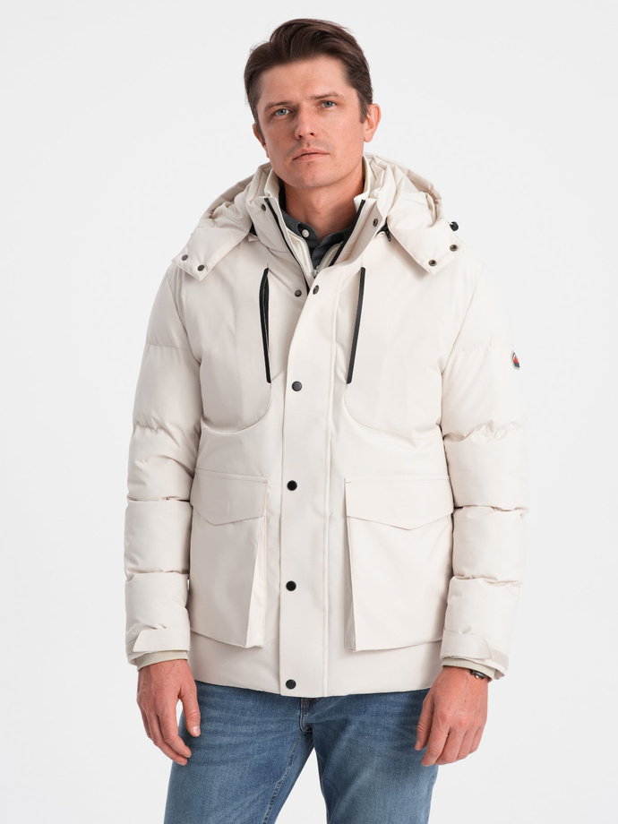 Men's winter jacket with detachable hood and cargo pockets - cream V2 OM-JAHP-0152