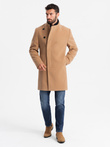 Men's coat with asymmetrical fastening and high collar - light brown V4 OM-COWC-0120