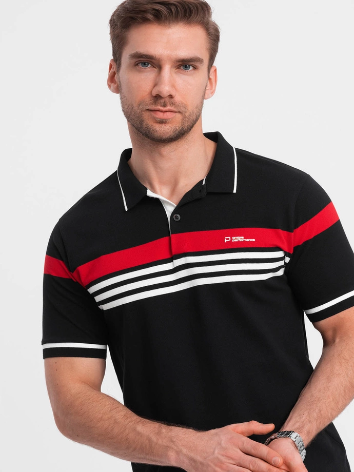 Tricou polo pentru bărbați cu dungi în două tonuri - negru V2 OM-POSS-0127