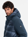 Men's quilted long jacket with large pockets - navy blue V4 OM-JALJ-0165