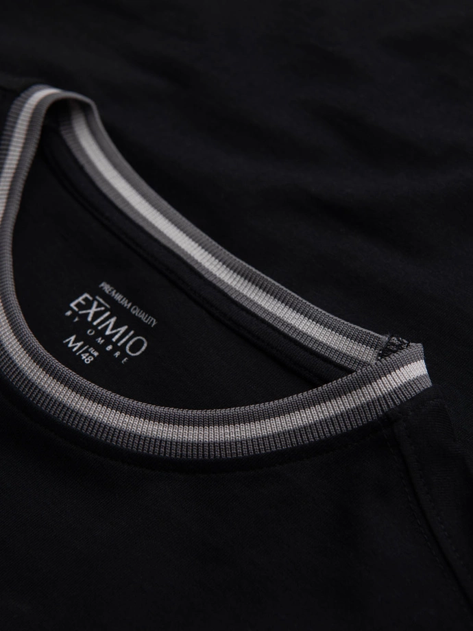 Men's cotton longsleeve with striped U neckline and embroidery - black V4 OM-LSCL-0128