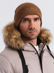 Men's knitted beanie with embroidered inscription - brown V4 OM-ACWH-0120