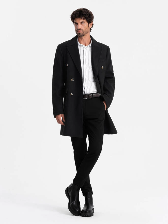 Men's double-breasted coat with decorative buttons - black V2 OM-COWC-0109