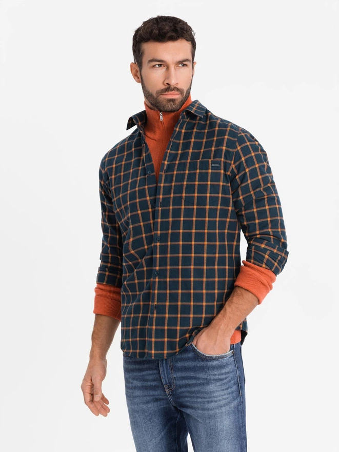 Cămașă de flanelă cu carouri SLIM FIT pentru bărbați - albastru marin și portocaliu V1 OM-SHCS-0145