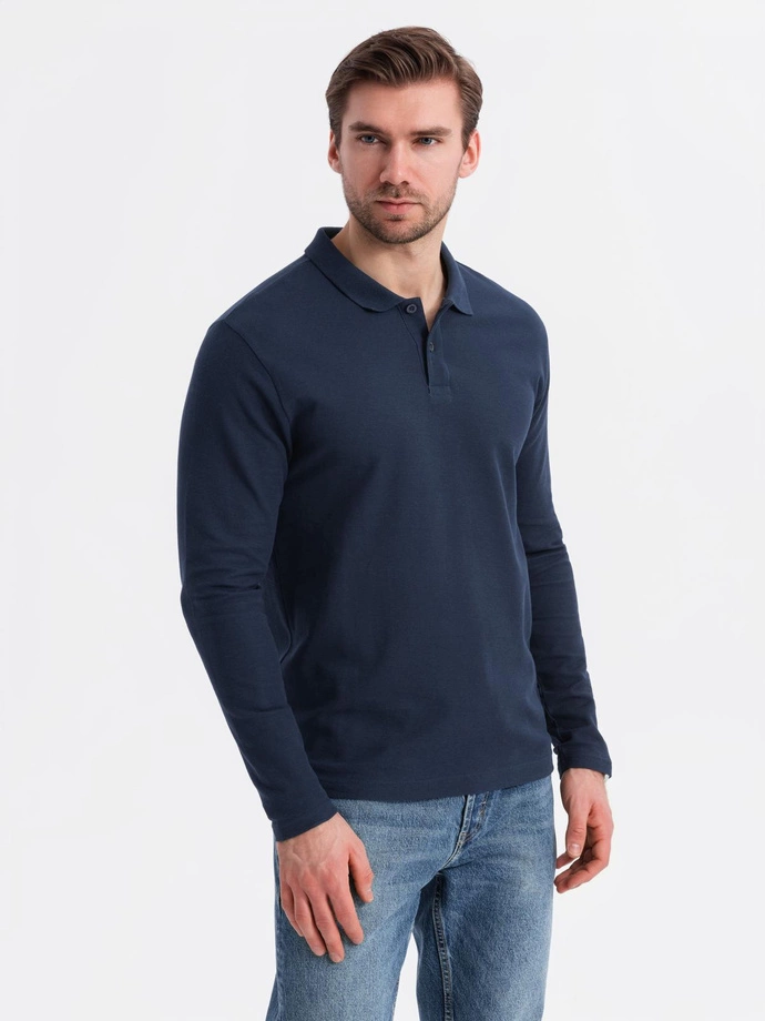 Mâneci lungi pentru bărbați cu guler polo - albastru marin V3 OM-POBL-0114