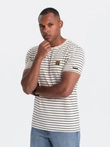 Men's striped t-shirt with patch by Ombre Design - cream and black V1 OM-TSCT-0183