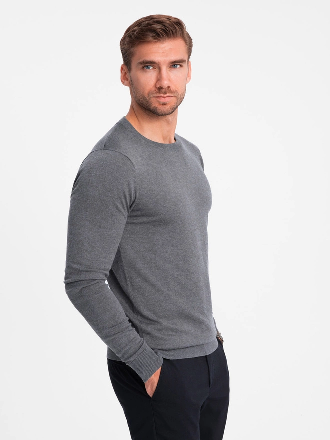 Classic BASIC men's viscose sweater with round neckline - grey melange V1 OM-SWBS-0106