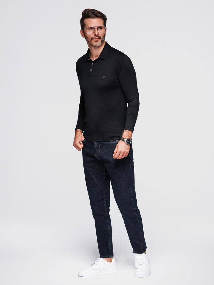 Polo long sleeve shirt with elegant branded buttons - black V1 OM-POLS-0139