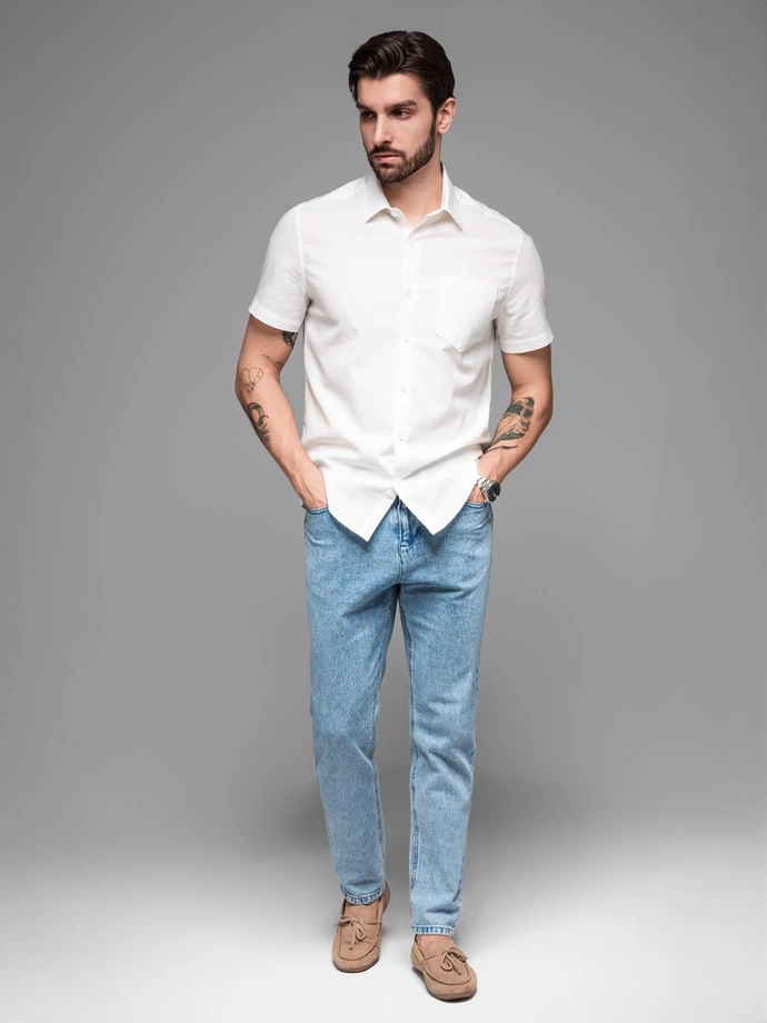 Men's short-sleeved linen-cotton shirt with pocket - broken white V1 OM-SHSS-0167 