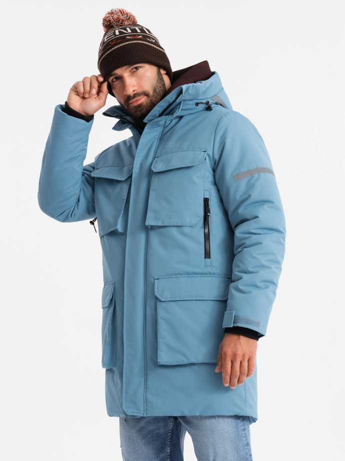 Insulated long men's jacket with reflective elements - blue V4 OM-JALJ-0169