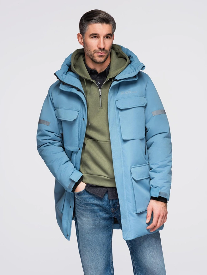 Insulated long men's jacket with reflective elements - blue V4 OM-JALJ-0169