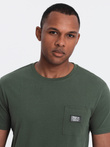 Casual men's t-shirt with patch on pocket - dark olive V4 OM-TSCT-0109