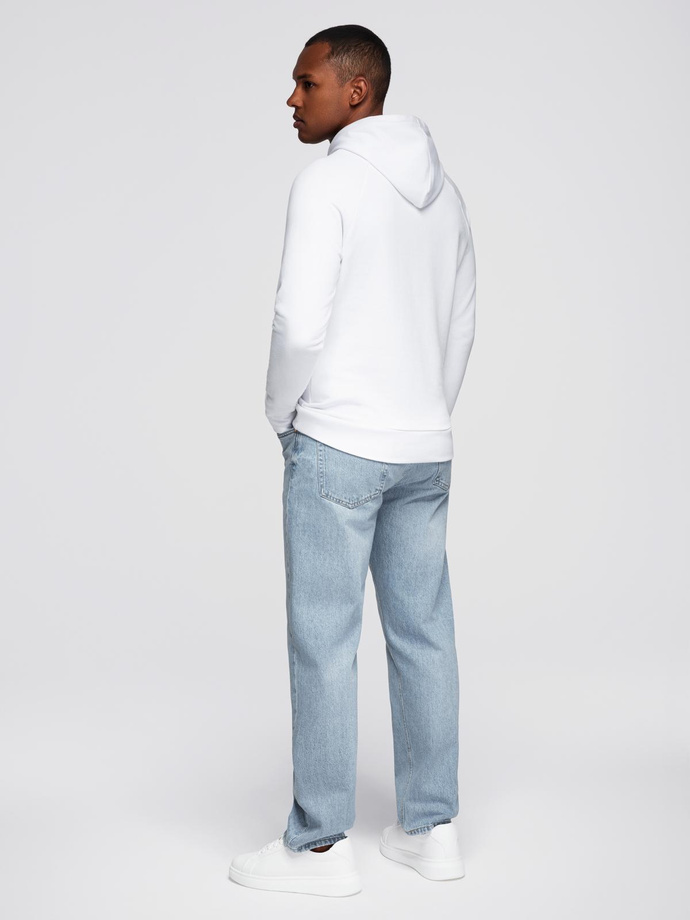 Men's non-stretch kangaroo sweatshirt with hood and print - white V3 OM-SSPS-0158