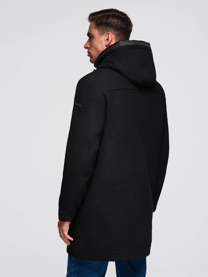 Pánský vlněný kabát parka s kapucí - černý V1 OM-COWC-0132