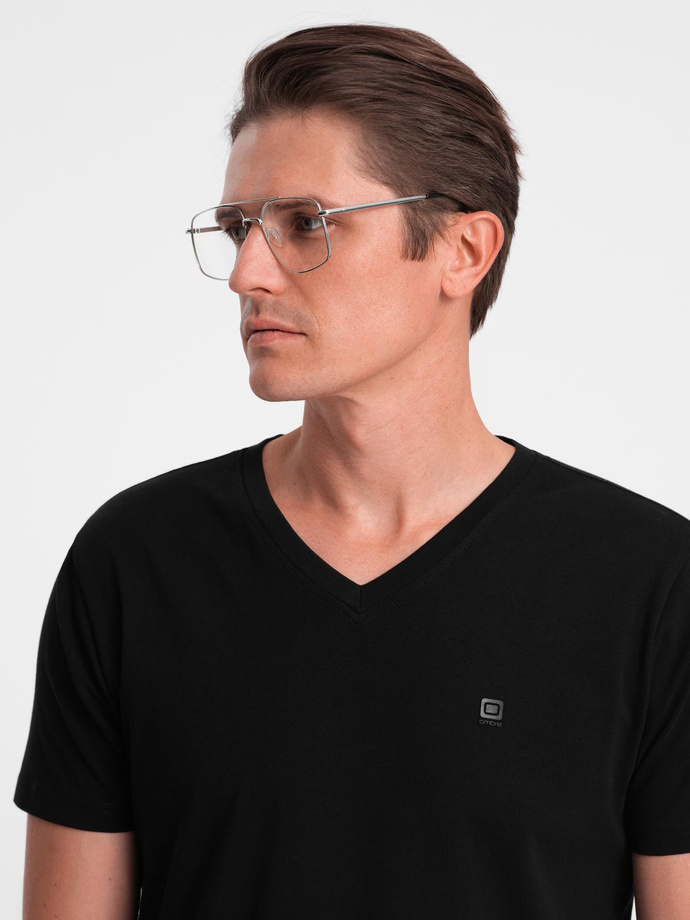 Sada triček s výstřihem do V, elastanem a decentním logem 3-pack - mix bílá/tmavě modrá/černá V1 Z100