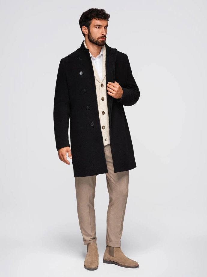 Men's coat with high collar and asymmetrical fastening - black V2 OM-COWC-0141