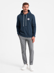 Men's kangaroo sweatshirt with hood and college style patch - navy blue V2 OM-SSNZ-0144