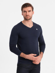 Set of men's SLIM FIT longsleeves with V neckline and logo 2-pack - navy blue/black mix V3 Z103