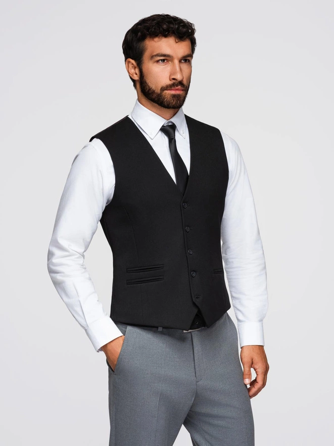 Vestă costum pentru bărbați cu detalii clasice și căptușeală - negru V4 OM-BLZV-0142