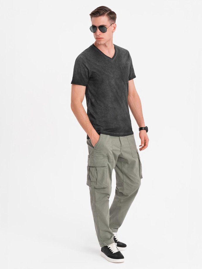 Men's cotton knit V-neck t-shirt with wash effect - black V6 OM-TSWT-0242