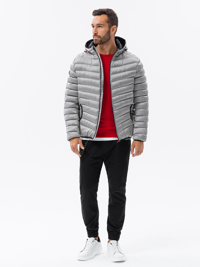 Men's quilted jacket with satin finish - silver V17 OM-JALP-0121