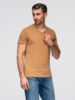 Bumbac clasic pentru bărbați BASIC tricou cu guler în V - maro V10 OM-TSBS-0145