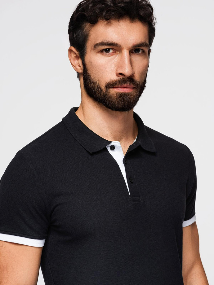 Tricou polo bărbătesc din bumbac cu ornamente contrastante - negru V8 OM-POSS-0113