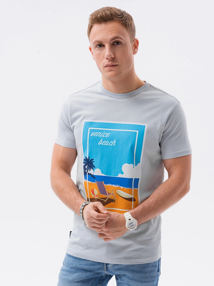 Tricou cu imprimeu pentru barbati V-3B- albastru deschis S1434