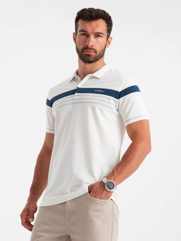 Tricou polo pentru bărbați cu dungi în două tonuri - alb V4 OM-POSS-0127