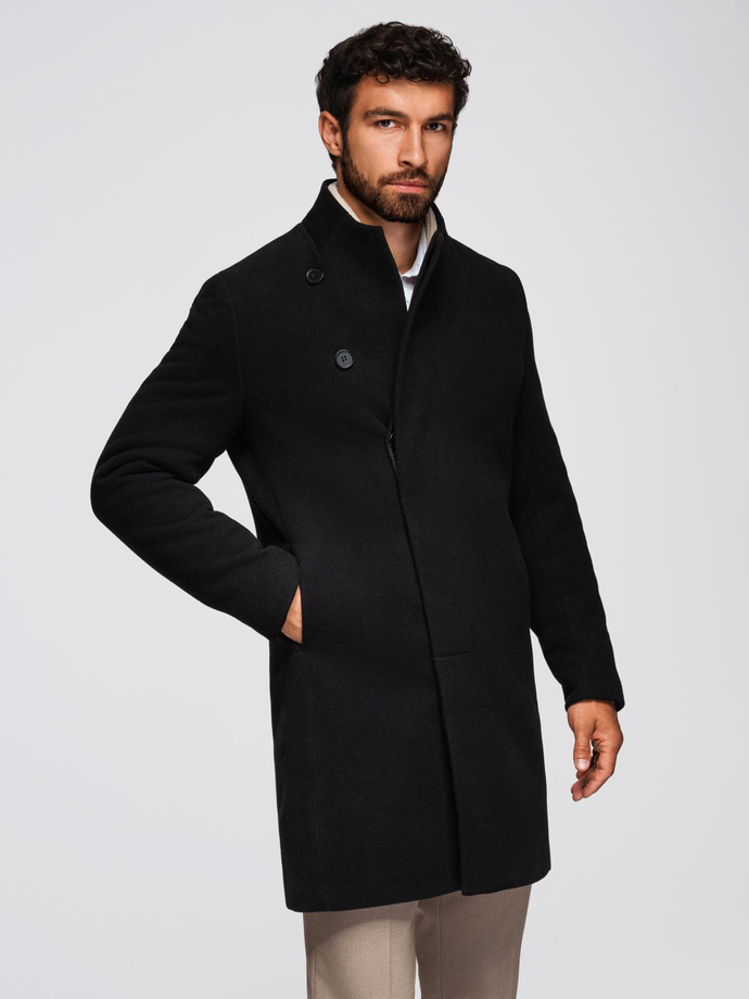 Men's coat with high collar and asymmetrical fastening - black V2 OM-COWC-0141