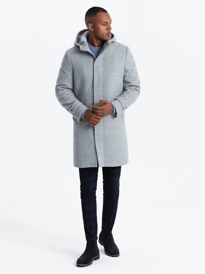 Monochrome long men's hooded coat - grey melange V1 OM-COWC-22FW-005