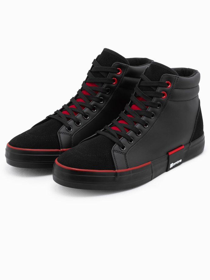 Classic men's high sneakers with quilted upper - black and red V2 OM-FOTH-0127