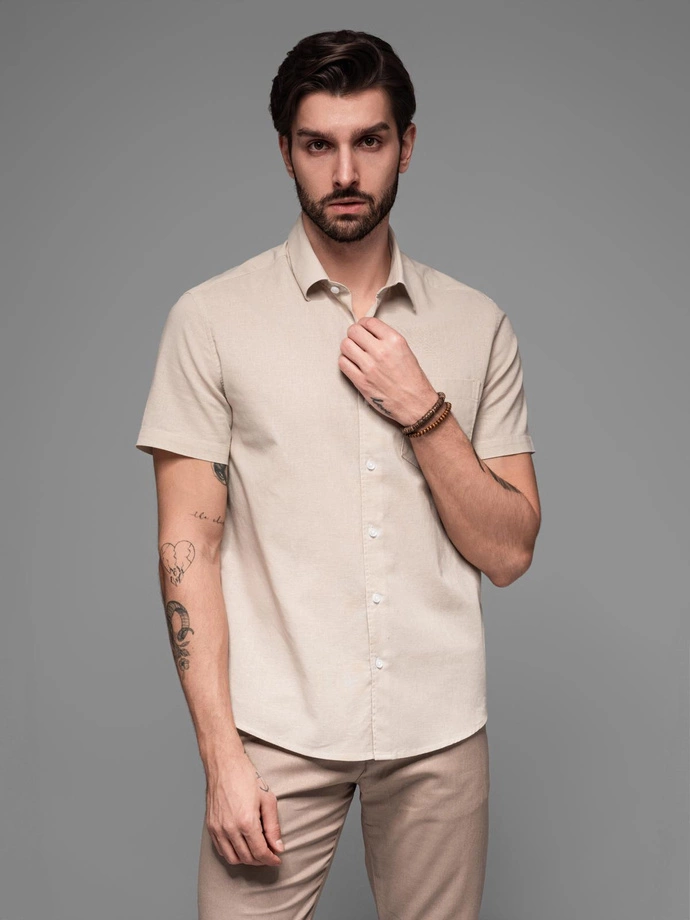 Men's short-sleeved linen-cotton shirt with pocket - beige V4 OM-SHSS-0167