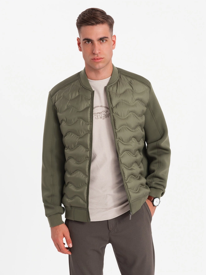 Men's quilted bomber jacket - dark olive green V3 OM-JALP-0141