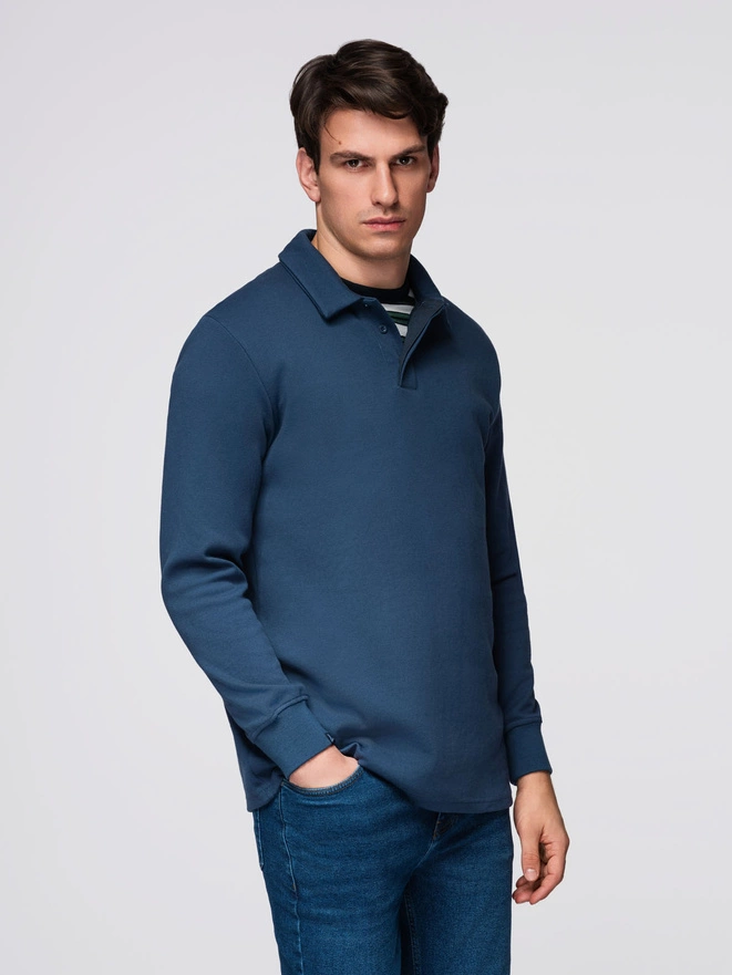 Men's structured knit polo collar sweatshirt - dark blue V5 OM-SSNZ-0149